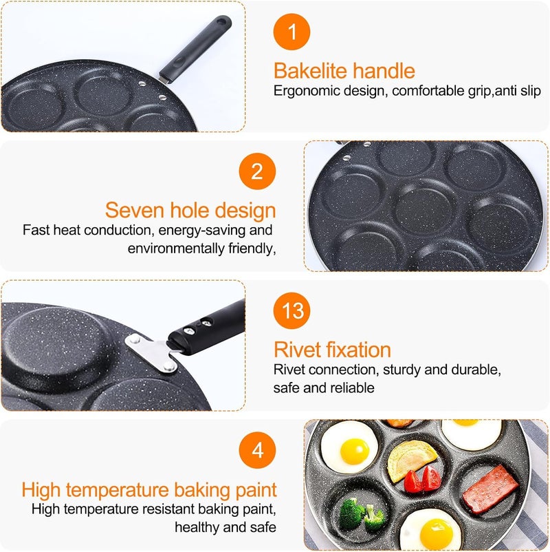 Kytree 7 Holes Egg Frying Pan Skillet, 12" Nonstick Egg Pan Aluminum Omelet Maker with Spatula & Brush for Breakfast, Pancake, Hamburger, Sandwiches, Crepe - Image 3